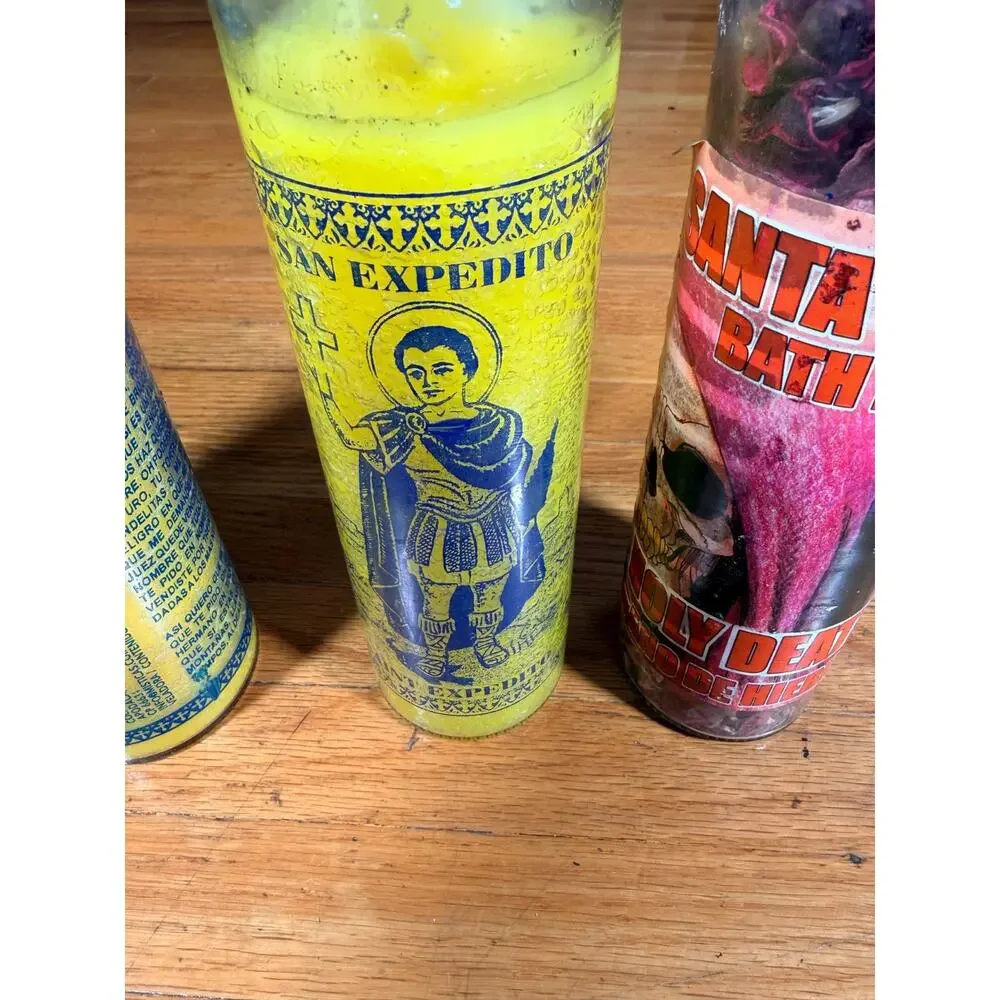 Lot 4 Spiritual Prayer Candles San Simon San Expedito Santa Muerte Bath Herb